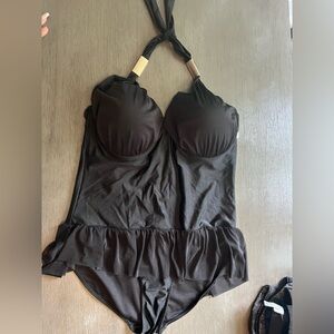 NWT Marilyn Monroe Black Retro Black Halter Mesh Trim One Piece Swimsuit Size 3X